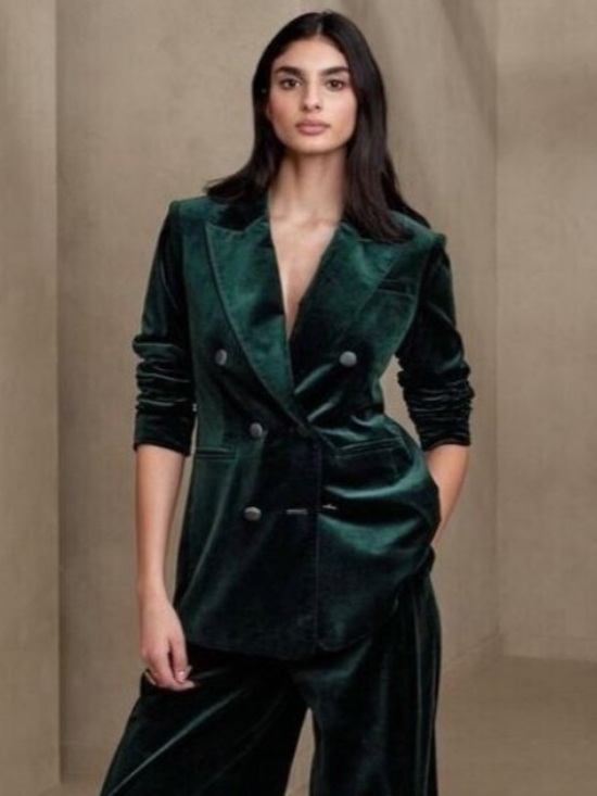 Banana Republic Jackets & Blazers - BANANA REPUBLIC Veluro Dark Teal Green Velvet Double Breasted Blazer Size 8